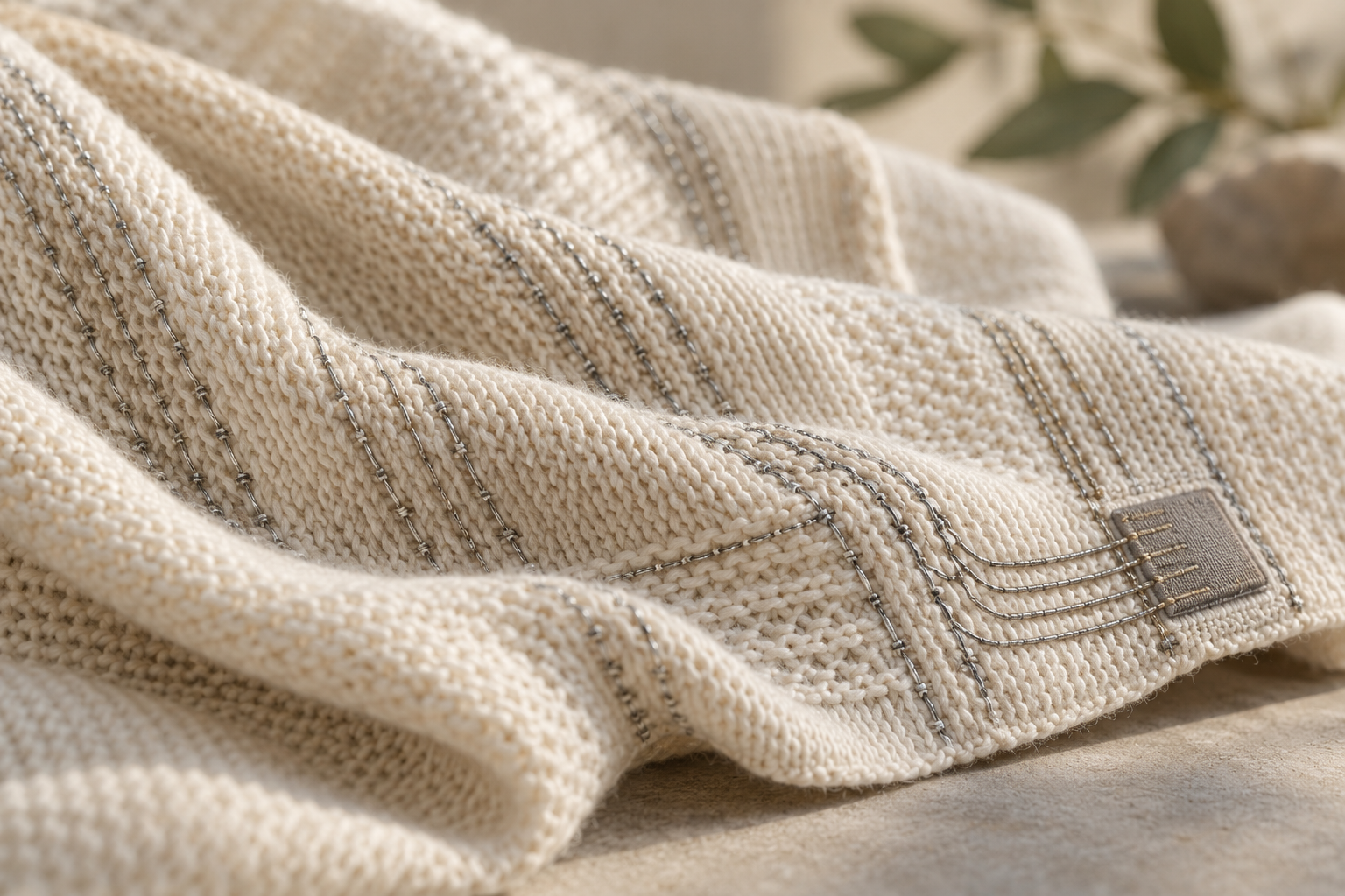 Knitted cream fabric with conductive threads connected to an electronic textile component