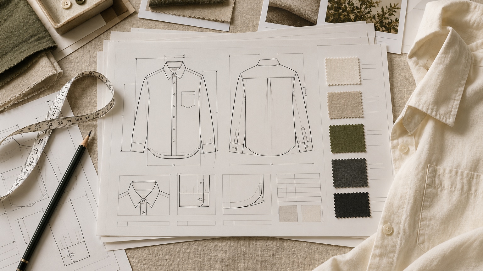 Technical garment drawings, fabric swatches and measuring tape arranged as a technical pack
